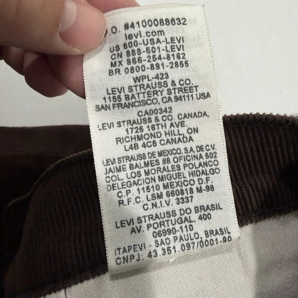 Levis 514 Mens 33x30 Brown Corduroy Pants Slim Straight Stretch White Tab Cords
